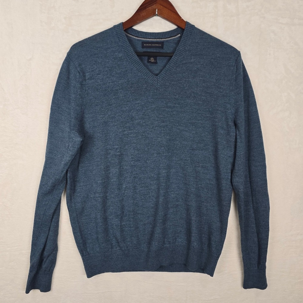 Banana Republic Mens Blue 100% Extra Fine Merino Wool V-Neck Sweater Large